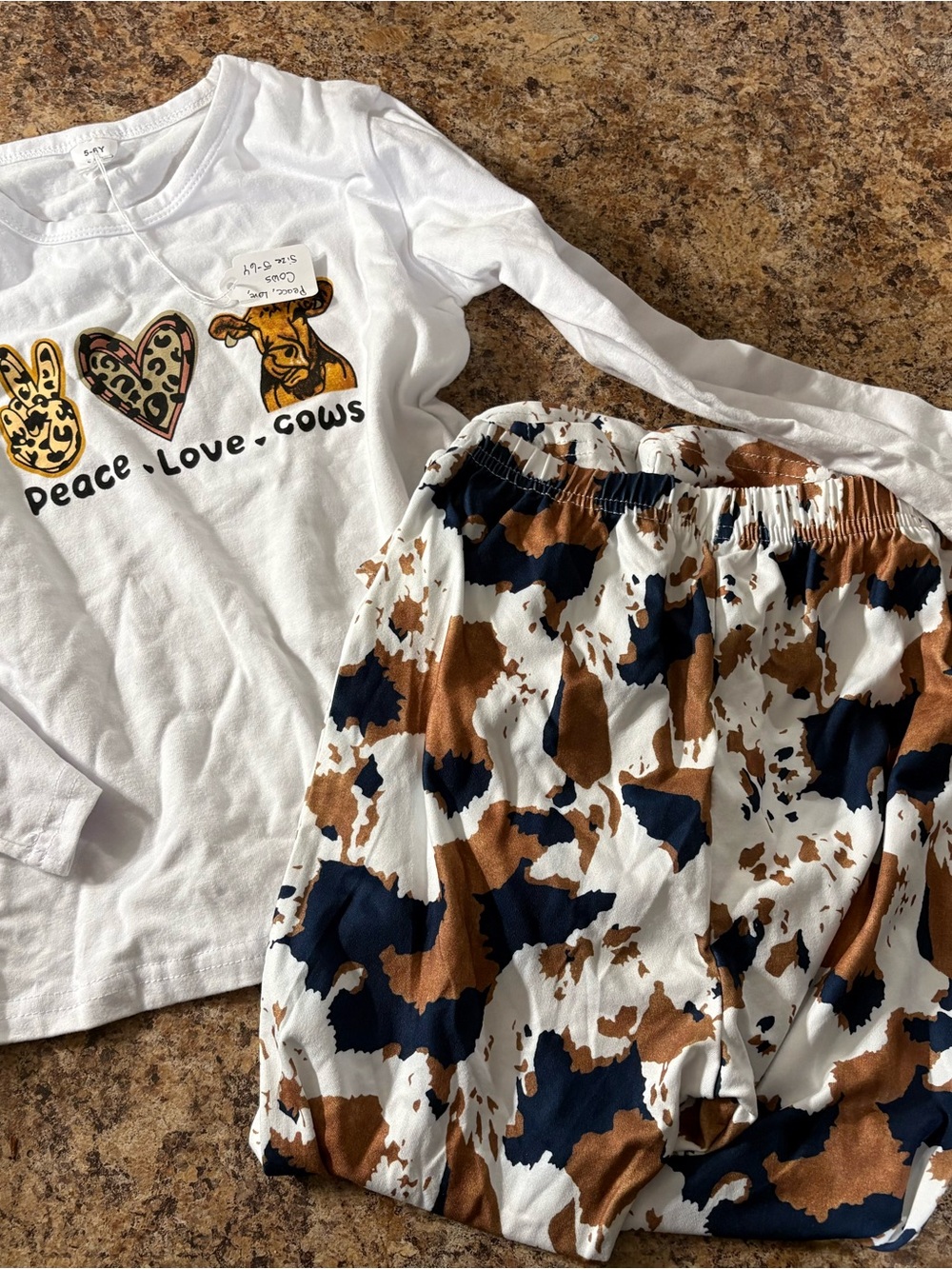 Peace Love Cows White Long-Sleeve Matching Set with Cow-Print Pants